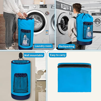 Laundry Bag Backpack with Shoulder Straps and Mesh Pocket Foldable Clothes Hamper Bag with Drawstring Closure for College, Apartment, Laundromat (Blue)