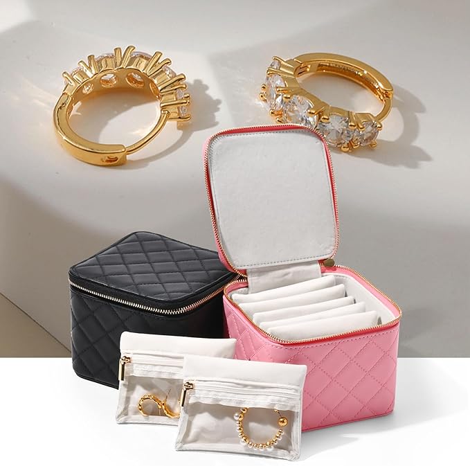 Travel Jewelry Box Organizer - Small Jewelry Case with 6 Small Velvet Zipped Pouches Pockets for Jewelry Necklaces Rings Earrings Storage(Black)