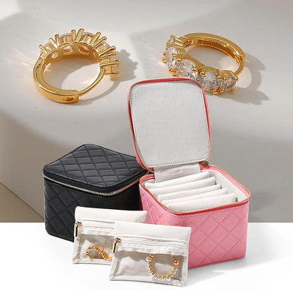 Travel Jewelry Box Organizer - Small Jewelry Case with 6 Small Velvet Zipped Pouches Pockets for Jewelry Necklaces Rings Earrings Storage(Pink)