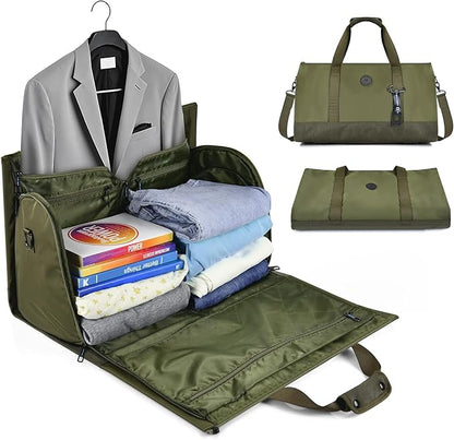 travel inspira Convertible Garment Bag 2 in 1 Carry On Garment Duffle Weekender 45L with Extended Shoe Compartment, Waterproof Nylon, Hanging Hook for Travel Business Men, Army Green