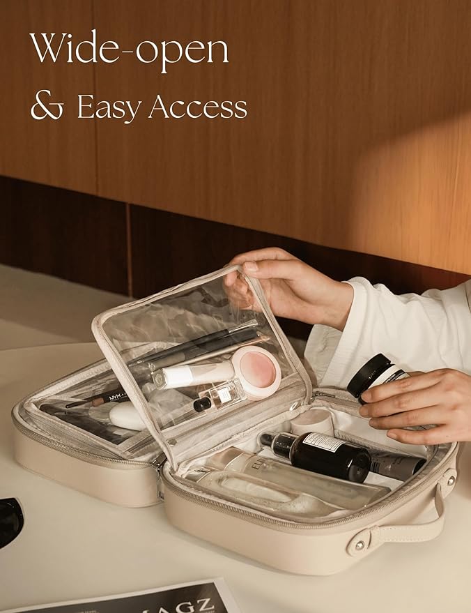 Clear Cosmetic Bag Double Layer Travel Toiletry Bag Clear Makeup Bag Case with 4 Compartments, Transparent Travel Bag for Toiletries, Large Toiletry Bag for Women Cosmetic Case (Taupe, Large)