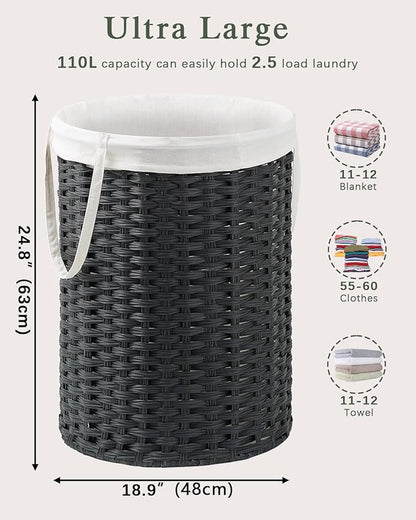 Laundry Basket Round Rattan Laundry Hamper 29.1 Gal (110 L) Handwoven Large Wicker Basket with Handles, Wicker Hamper with Removable Bags and 2 Mesh Bags for Bathroom Living Room Black