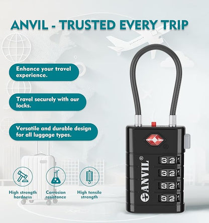 ANVIL 4 Digit Luggage Locks, TSA Locks for Luggage, Advanced TSA008 core, Alert Indicator for Your Travel Lock, Suitcase Lock. (8, Black)