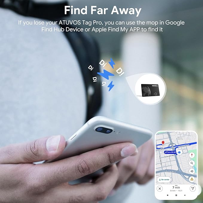 VOCOlinc Dual System Air Card Tag Pro 1 Pack, Rechargeable Wallet Tracker Item Finder Work with Android Google Find Hub or iOS Apple Find My APP (Huawei not Supported), Smart Locator for Luggage, Bags