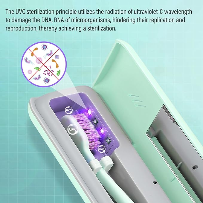YourMate UVC Toothbrush Sanitizer Case Travel Toothbrush Covers Case for Traving or Business Trip Power by AA Battery or USB-C Cord Green