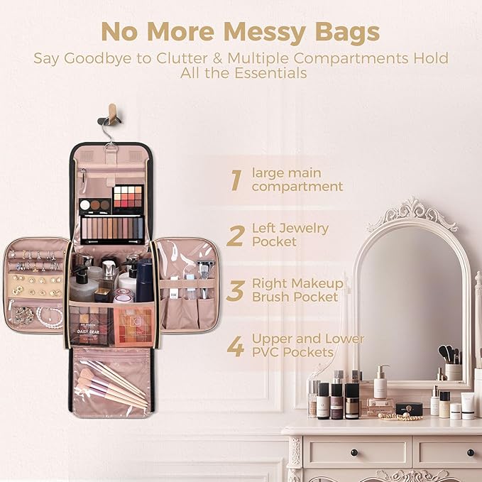 Hanging Toiletry Bag & Makeup Bag for Women with Jewelry Organizer - TSA Approved Large Capacity Travel Cosmetic Organizer, Waterproof Shower Essentials Case with Transparent Pockets, Black