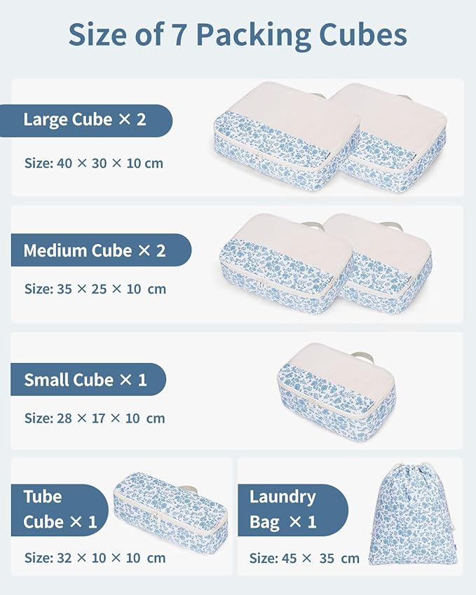 Narwey 7 Set Floral Packing Cubes for Travel Carry on Suitcase Luggage Organizer Bags for Kids Women Men, Durable Packing Organizers Bag, Travel Essentials Accessories (Little Blue Flower)