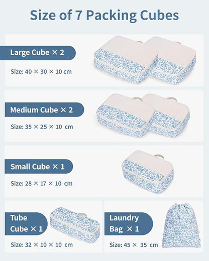 Narwey 7 Set Floral Packing Cubes for Travel Carry on Suitcase Luggage Organizer Bags for Kids Women Men, Durable Packing Organizers Bag, Travel Essentials Accessories (Little Blue Flower)