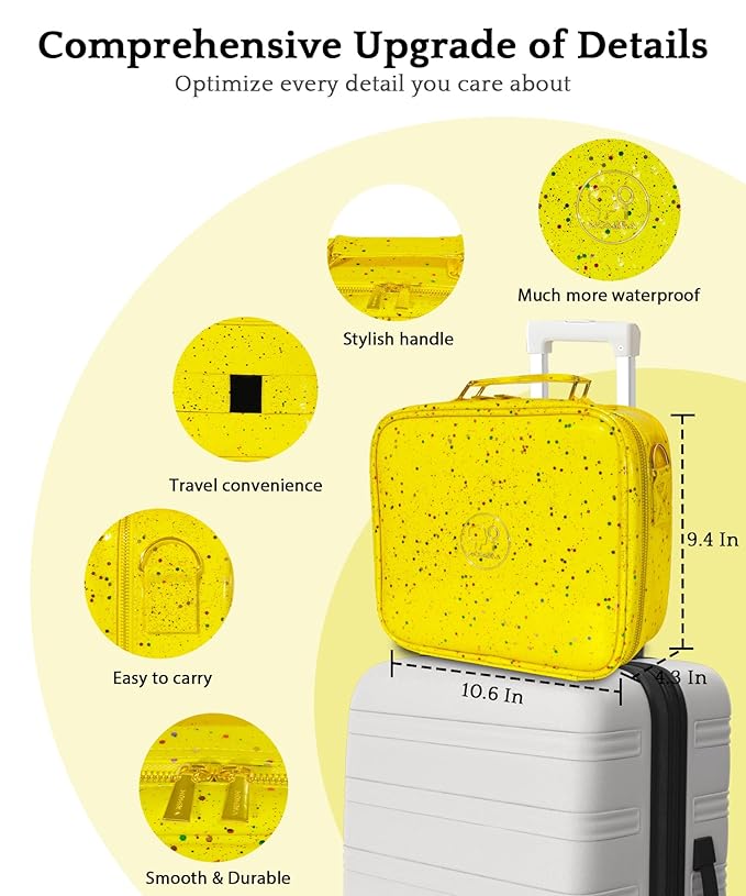 MOMIRA Travel Makeup Bag Cosmetic Bag with Lighted Mirror, Adjustable Brightness in 3 Color Scenarios/Detachable makeup mirror, 2024-All-round Upgrade, Waterproof, Gift for Women -Glett Yellow