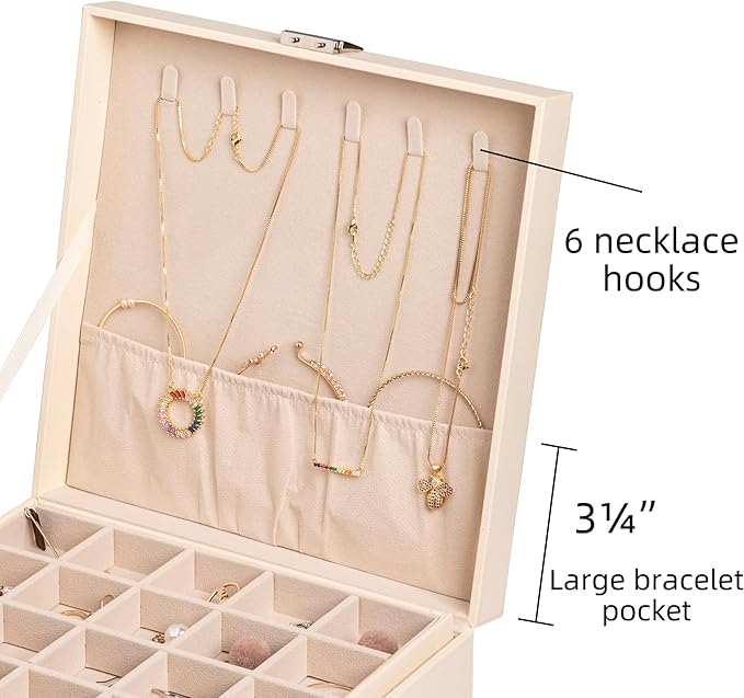 Frebeauty Earring Organizer Classic Jewelry Box 50 Slots Double Layer Jewelry Storage Case with 6 Necklace Hook and Bracelet Pocket(Beige)