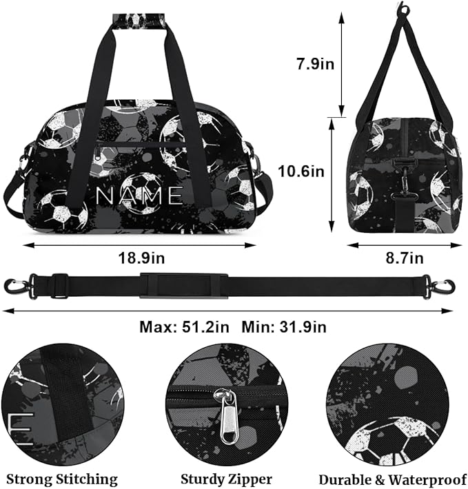 Personalized Kids Duffel Bag for Girls Boys Traveling Football Soccer Pattern Small Sport Gym Bag Custom Overnight Weekender Tote Bag Carry on Teen Dance Bag for Gymnastic Ballet