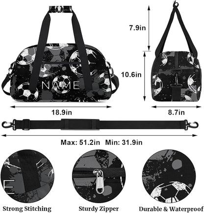 Personalized Kids Duffel Bag for Girls Boys Traveling Football Soccer Pattern Small Sport Gym Bag Custom Overnight Weekender Tote Bag Carry on Teen Dance Bag for Gymnastic Ballet