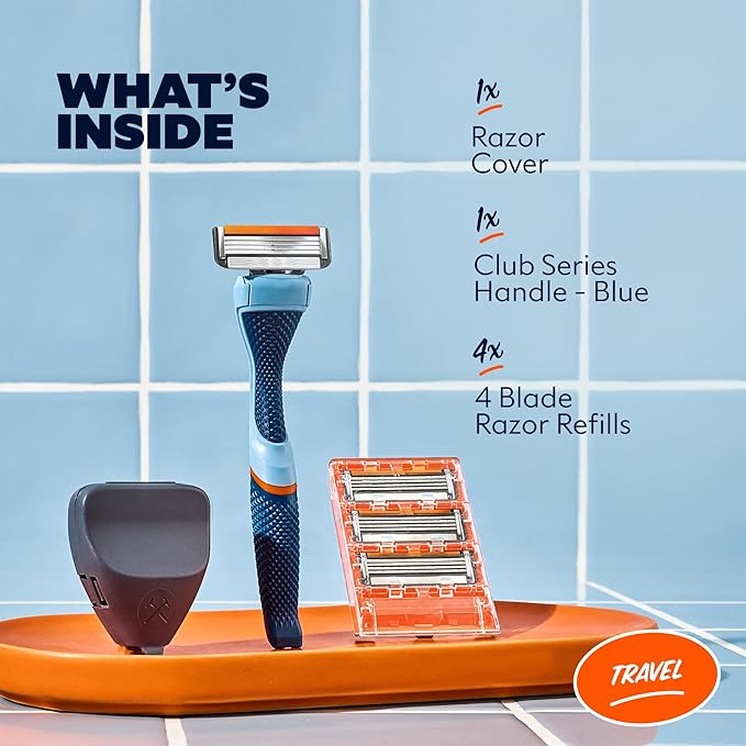 Dollar Shave Club | Travel Shave Set | 4 Swift Rinse Refill Cartridges, 1 Handle (Blue), 1 Razor Cover