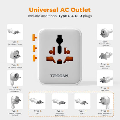 TESSAN Universal Travel Adapter 65W GaN, International Power Adapter with Extra 2 Prong AC Outlet, 5 USB Ports (3 USB C), Worldwide Plug Adaptor for US to Europe UK Australia Ireland (Type C G A I)