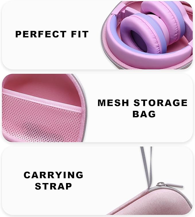 Kids Headphones Case Compatible with iClever BTH12 / BTH20/ BTH26/HS19, JoySpark, Candy Bila, EarFun, MIDOLA, IMYB Foldable Kids Headphones, Pink Travel Storage Bag(Case Only)