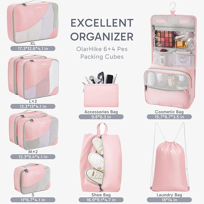ALL INCLUDED 10 Set Durable Packing Cubes for Suitcases,OlarHike Essentials for Travel, UPGRADED Anti-Tear Stitching, NEW Improved Luggage Packing Organizers for Travel Accessories (Pink)