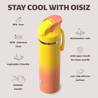 OISIZ Insulated Water Bottle 24 oz with 2 in 1 Spout and Straw Lid,One Click Safety Lock,100% Leakproof,Keep Cold 24H,Vacuum Stainless Steel Water Bottle for School,Travel and Sports,Dishwasher Safe