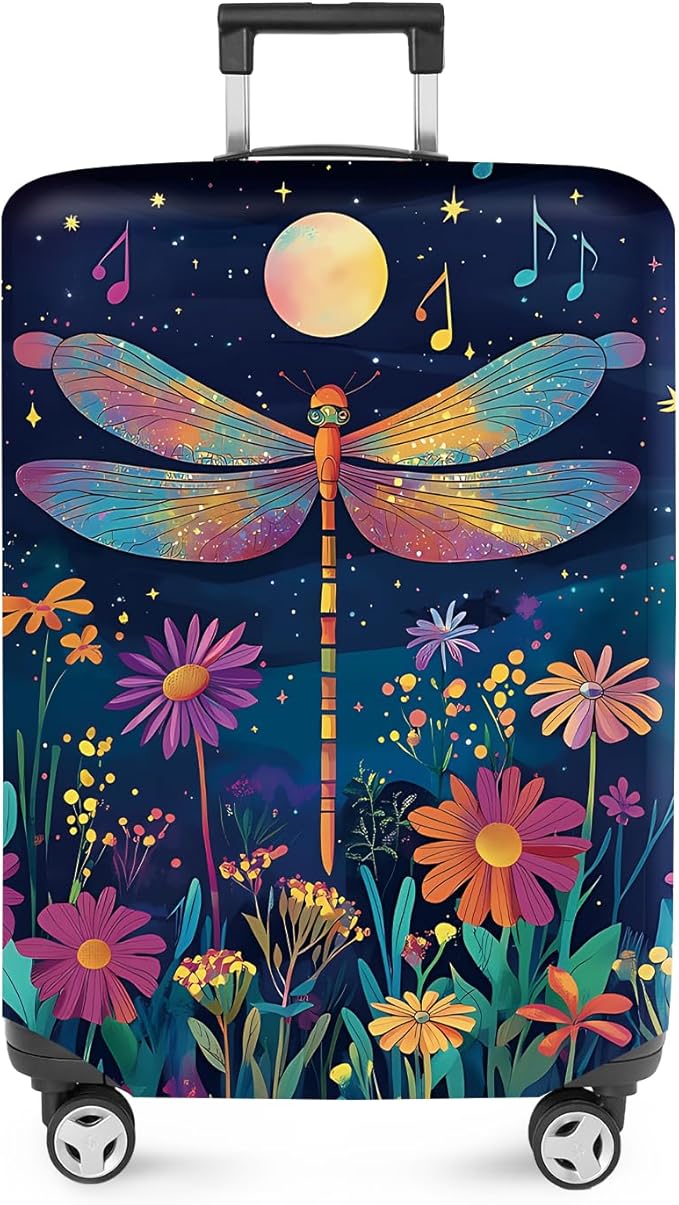 ANNA QUEEN Magical Dragonfly Luggage Cover, Night Sky with Bright Colors and Flowers, Stretchable, Washable Travel Protector for 20-34 Inch Suitcases