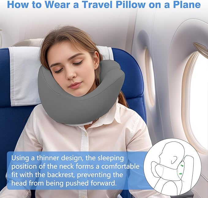 jiaao Neck Pillow Airplane, Memory Foam Travel Neck Pillows for Long Flight, 3D Eye Masks, Ear Plugs and Portable Drawstring Bag, Napping Pillow for Home, Road Trips, Sleep Rest and Travel Use