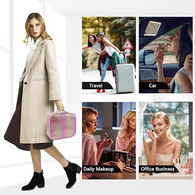 Travel Makeup Case 3 Layers Portable Makeup Train Case Cosmetic Bag Organizer Storage for Women with Adjustable Dividers and Shoulder Strap for Toiletry Travel Accessories(pink)