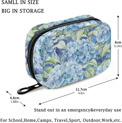 Fustylead Vibrant Watercolor Blue Hydrangea and Leaves Pill Organizer Travel Bag, Small Portable Pill Case Cute for Vitamin Fish Oil Supplements Medicine Organizer with Zipper