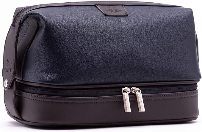 Vetell Leo Large Leather Men's Travel Toiletry and Shaving Case Bag with Upper and Lower Zippered Compartments, 3 Interior Loops and Carrying Handles