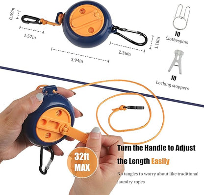 32Ft Portable Travel Clothesline Caudblor Adjustable Camping Clothes Laundry Drying Rope for Hotel Trip, Cruise, Outdoor/Indoor with 10 Windproof Clips, 10 Clothespins, 1 Storage Bag（Blue）