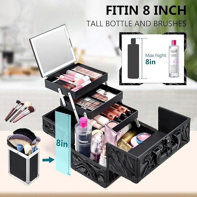 Travel Makeup Case with LED Lighted Mirror - 11.6" Portable Makeup Organizer Box, Cosmetic Train Case with Detachable Brush Holder - Fluid Black