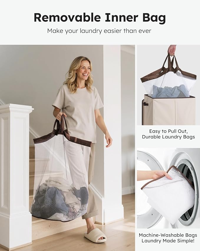 SOLEDI Laundry Hamper with Lid 130L Large & Tall Collapsible Laundry Basket, Clothes Hamper with Bag Removable Easy to Carry, Dirty Hampers for Bedroom, Bathroom, Dorm, College, Beige