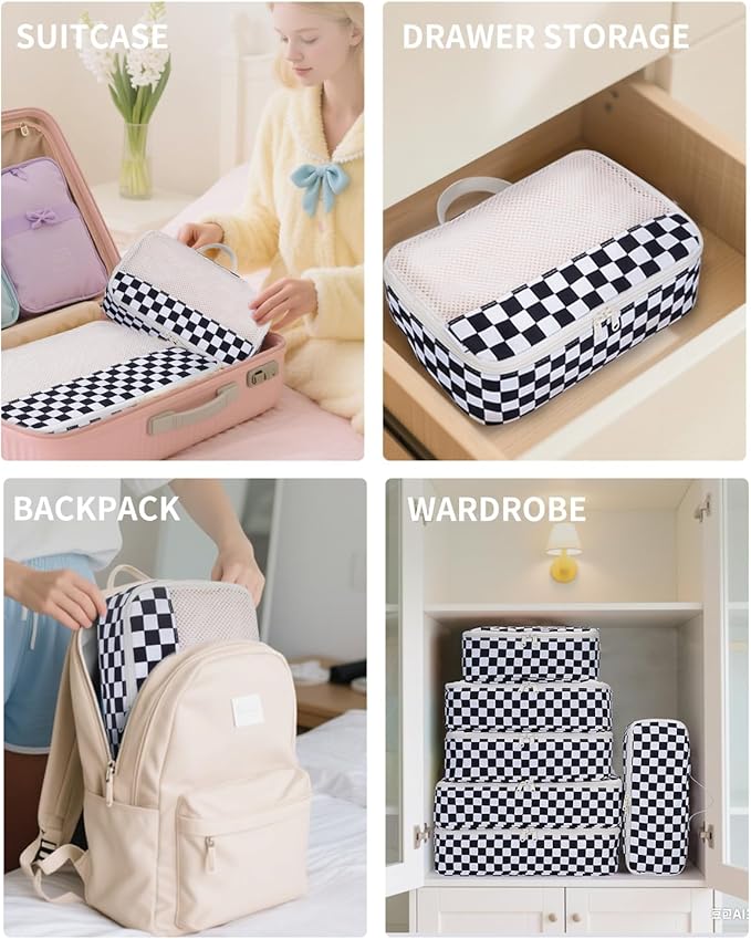 Narwey 7 Set Checkered Packing Cubes for Travel Carry on Suitcase Luggage Organizer Bags for Kids Women Men, Durable Packing Organizers Bag, Travel Essentials Accessories (Black Checkerboard)