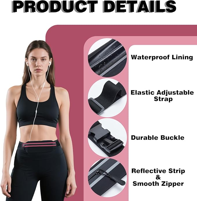 Slim Running Belt Fanny Packs for Women Man,Adjustable WaterProof Running Pouch Waist Bag for Workout Jogging,Elastic Phone Holder for Runner Comes with Reflective Armbands