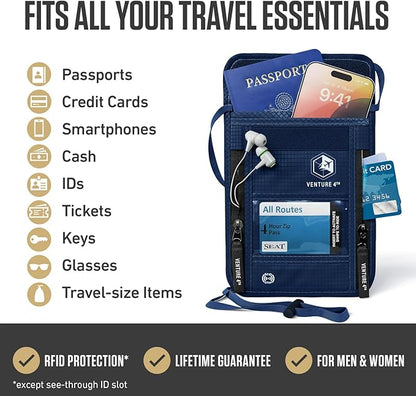 VENTURE 4TH Neck Wallet, RFID Blocking Passport Holder for Travel – Hidden Neck Pouch with 6 Compartments, Slim Lightweight Organizer with Adjustable Strap for Cash, Cards & Passport (Navy Blue)