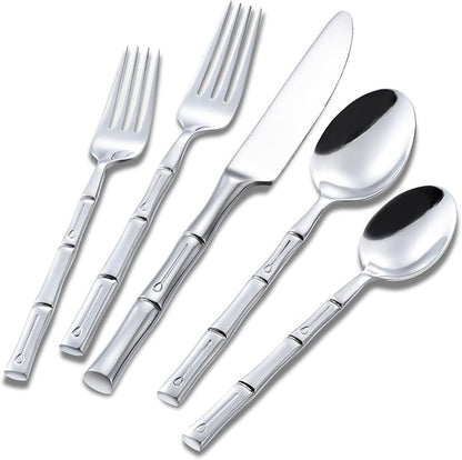 Flatware Set Silverware Set Stainless Steel Cutlery Set Bamboo Pattern Mirror Finished 60 Pieces Party Event Use Wedding Housewarming Gift Service for 12