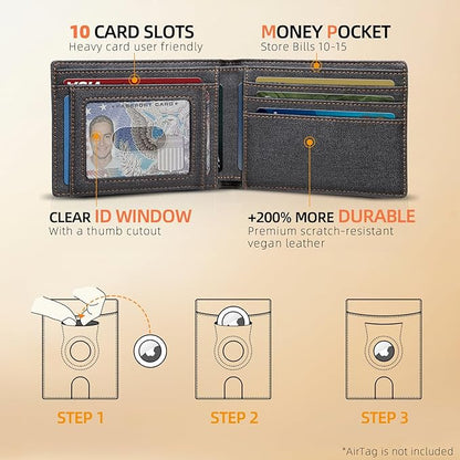 RUNBOX AirTag-Wallet-Mens-Slim-RFID Blocking Wallets Leather with Bill Compartment Air Tag Bifold Card Holder Wallet Gifts for Men Dad