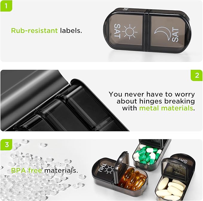 Zannaki Metal XL Weekly Pill Organizer 2 Times a Day, Large Travel Daily Pill Box 7 Day, Portable Week Twice Pill Holder Container, AM PM Pill Case for Medicine Vitamin Medication Supplement, Black