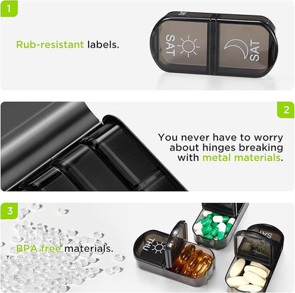 Zannaki Metal XL Weekly Pill Organizer 2 Times a Day, Large Travel Daily Pill Box 7 Day, Portable Week Twice Pill Holder Container, AM PM Pill Case for Medicine Vitamin Medication Supplement, Black