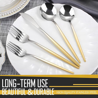 Gradient Gold Silverware Set, 20-Piece Stainless Steel Cutlery Set, Kitchen Flatware,Utensil Set Service for 4, Include Knife/Fork/Spoon, Mirror Polished
