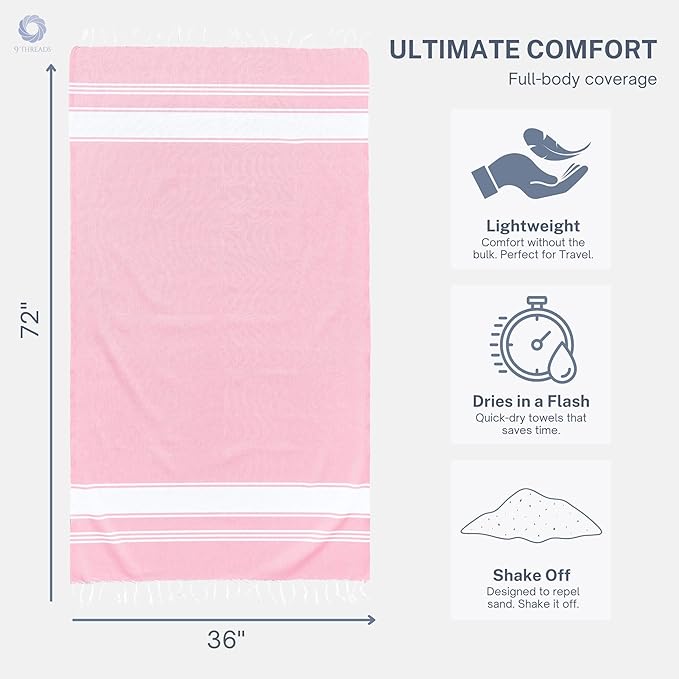 Cotton Turkish Beach Towel Towels Oversized 36"x72" Pool Absorbent Extra Large Quick Dry Sand Travel Towel (Pink, 4 Pack)