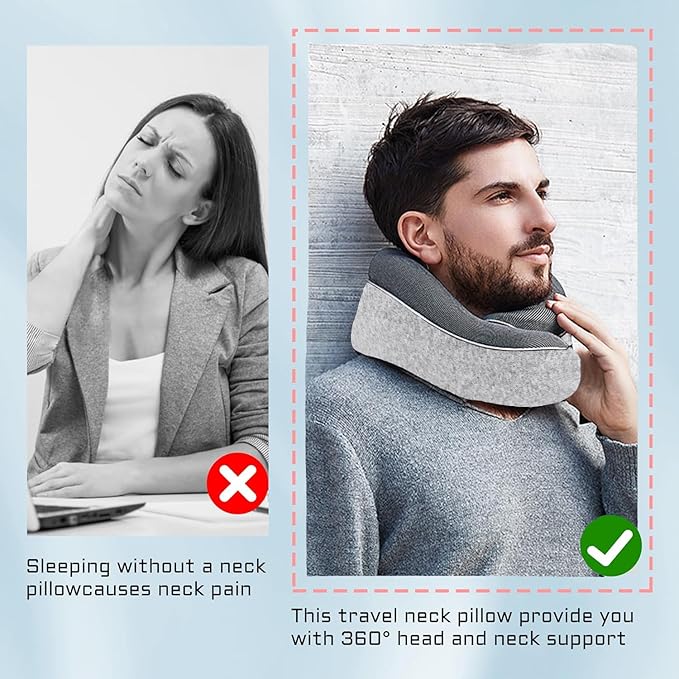 TALLGO Travel Pillow, Best Memory Foam Neck Pillow Head Support Soft Pillow for Sleeping Rest, Airplane Car & Home Use (1Grey)
