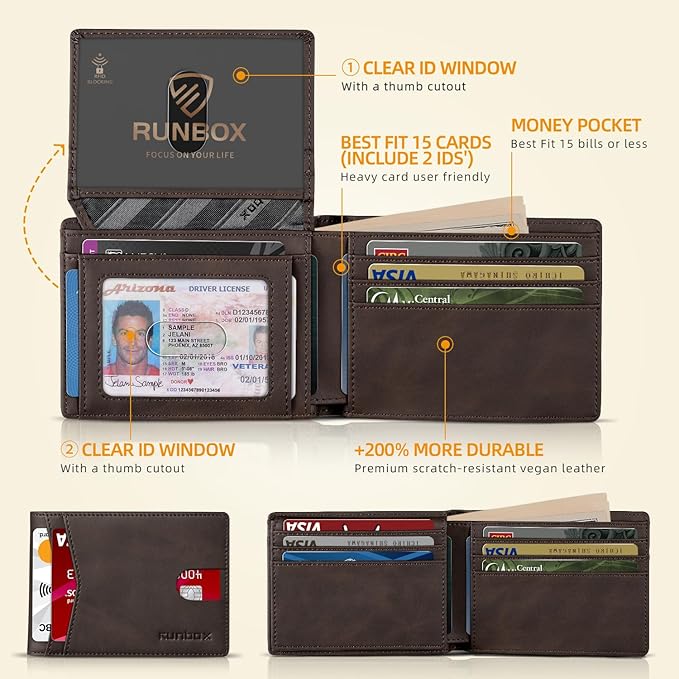RUNBOX Wallet for Men Slim Rfid Leather 2 ID Window With Gift Box