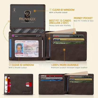 RUNBOX Wallet for Men Slim Rfid Leather 2 ID Window With Gift Box