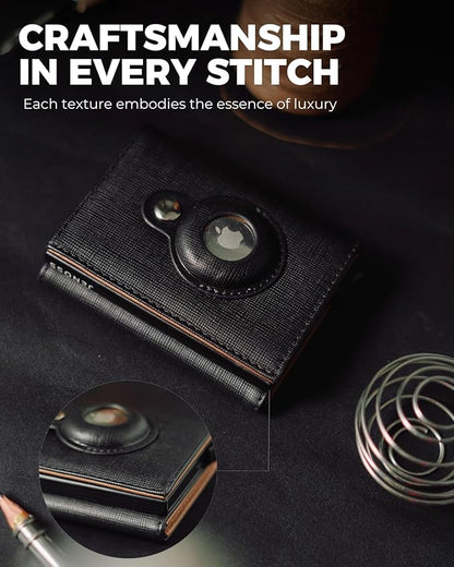 Jenoss Smart AirTag Wallet for Men: Full Grain Leather, Handcrafted, Black Pop Up Case, Slim, RFID Blocking Credit Card Holder Compact, 12 Slot Organizers ID Cash Apple Air Tag Tracker (Black & Brown)