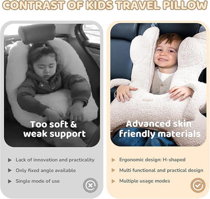FLORICH Kids Travel Pillow, Car Sleeping Travel Pillow for Kids, Removable H-Shaped Pillow for Adults and Children to Support Head and Body Road Trips with Neck Pillow and Blanket (White)