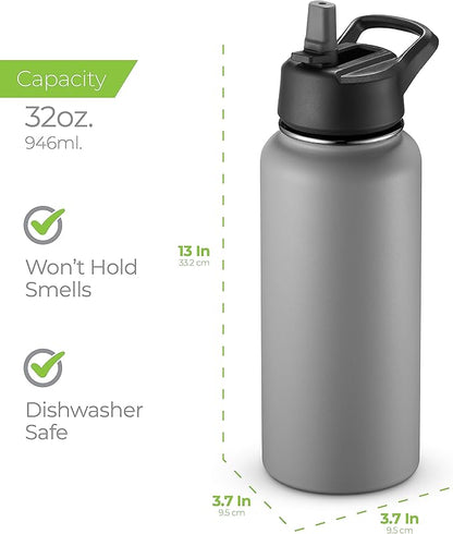 SipX™ Triple-Insulated Stainless Steel Water Bottle 32oz. With 3 Lids, BPA-Free Reusable Insulated Water Bottle Keeps Cold 24 Hours, Metal Water Bottle Made Of Sustainable Material For Hiking & Biking