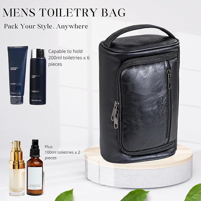 Mens Toiletry Bag, Water-resistant Dopp Kit For Men Travel, PU Leather Toiletries Bag Shaving Kit, Compact Organizer With Wrist Strap, Grooming Essentials For Vacation, Gym & Camping，Black