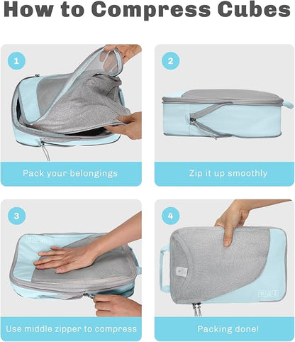 Hynes Eagle 6 Set/ 4 Set/ 2 Set Compression Packing Cubes Travel Essentials Lightweight Nylon Luggage Suitcase Organizer Bag Light Blue 4PCS