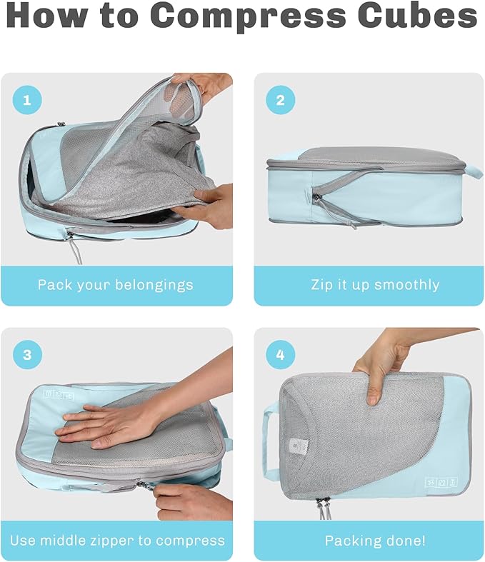 Hynes Eagle 6 Set/ 4 Set/ 2 Set Compression Packing Cubes Travel Essentials Lightweight Nylon Luggage Suitcase Organizer Bag Light Blue 2PCS