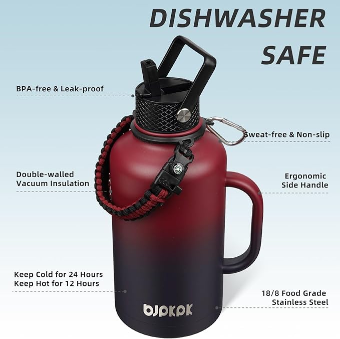 BJPKPK Half Gallon Insulated Water Bottles with Straw Lid & Side Handle, 50oz, 64oz, 87oz, 128oz Large, Stainless Steel Water Bottles with 3 Lids and Paracord Strap, Metal Water Jug,Charming Red