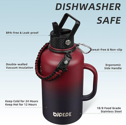 BJPKPK Half Gallon Insulated Water Bottles with Straw Lid & Side Handle, 50oz, 64oz, 87oz, 128oz Large, Stainless Steel Water Bottles with 3 Lids and Paracord Strap, Metal Water Jug,Charming Red