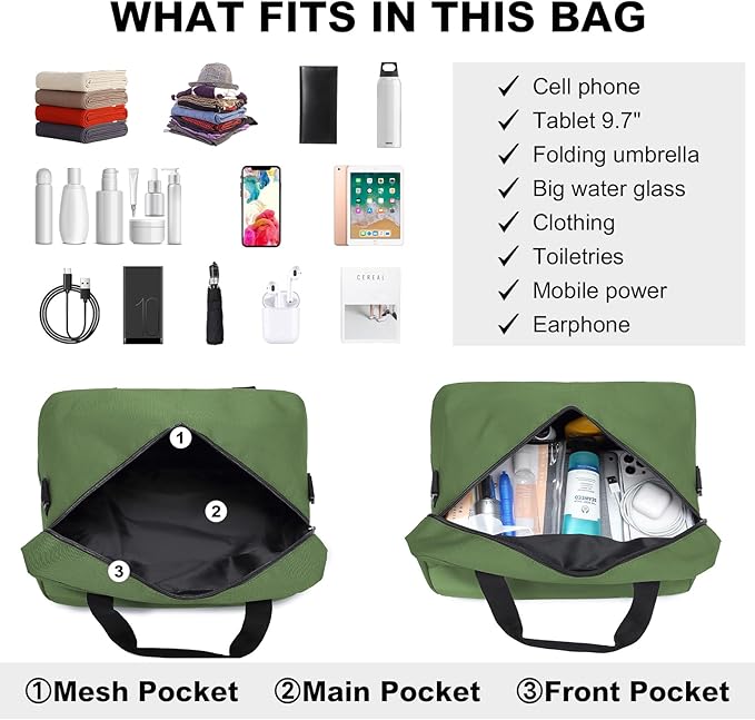 Kono Travel Duffel Bag 14L Under Seat Carry-on Bag Sports Tote Gym Bag Weekender Overnight Bags 13.78"x7.87"x7.87" Green